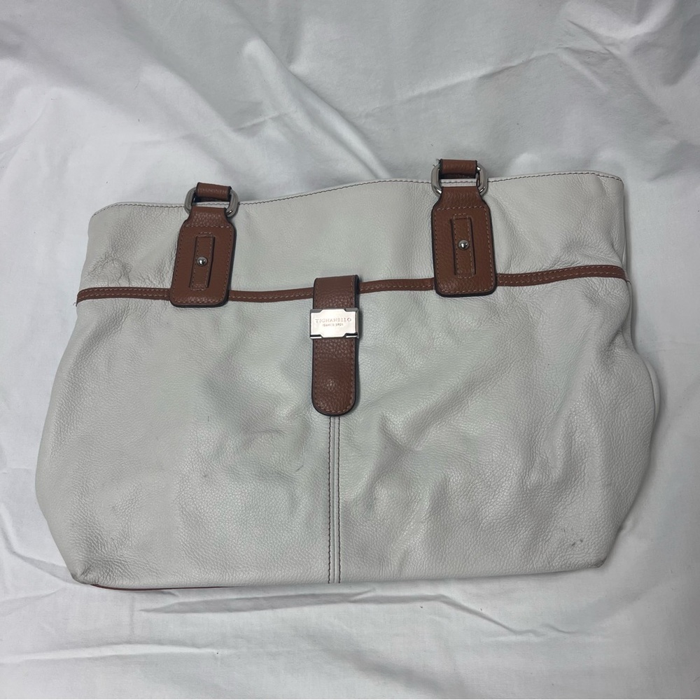 Tignanello White and Brown Leather Tote Bag